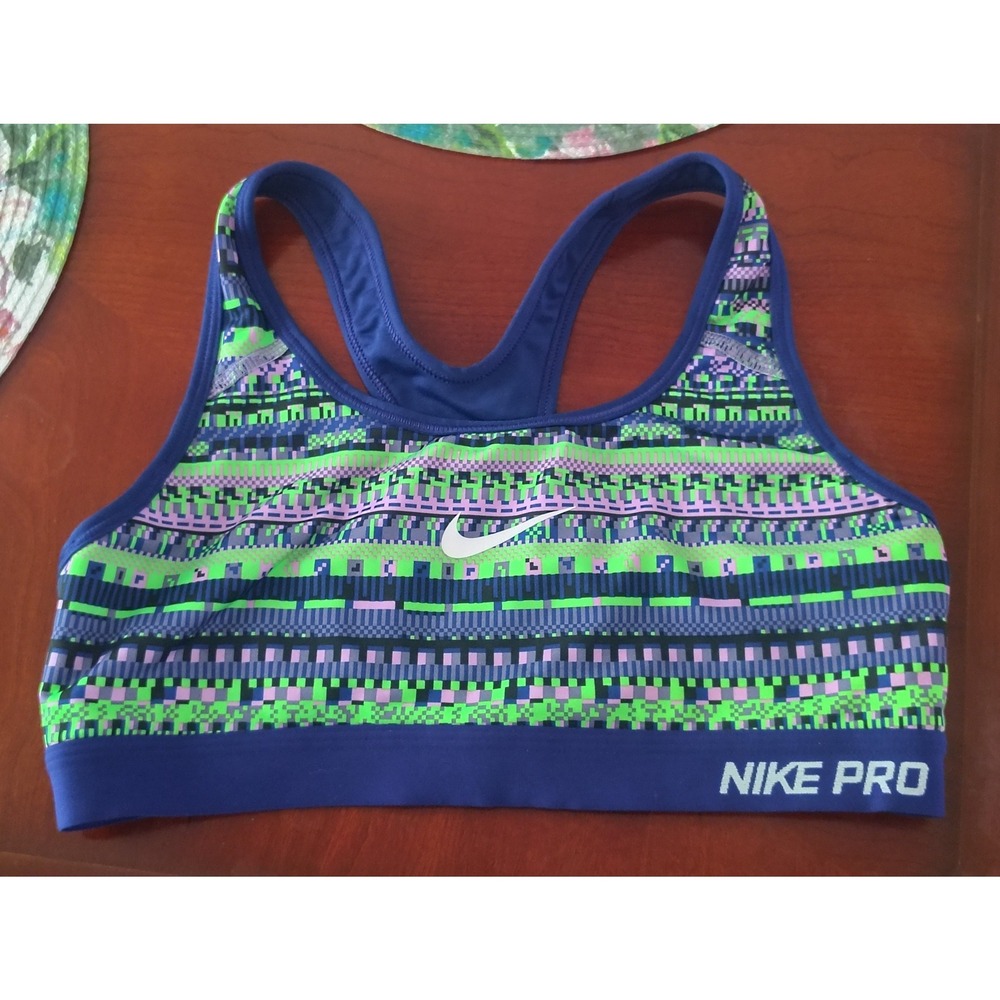 Nike Pro Womens Sports Bra Blue Green Pixel Geometric Print Racerback Medium